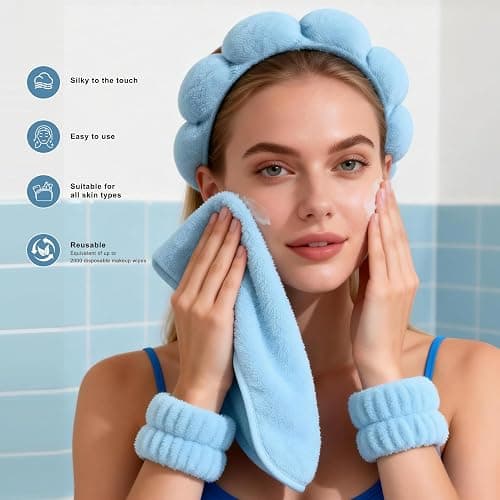 Real Perfection Spa Headband for Washing Face, Skincare Headband Wristband Set for Facial Mask Skin Care, Makeup Remover Towel Cloth Small Spray Bottle with Travel Makeup Bag Gifts for Women - Blue thumbnail 6