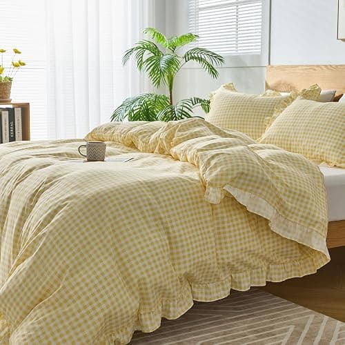 kisswish Gingham Duvet Cover Full Size, 3 Pieces Soft Breathable Microfiber Plaid Comforter Cover with Zipper Closure & 2 Pillow Shams, Ruffle Farmhouse Vintage Decor, Yellow thumbnail 7