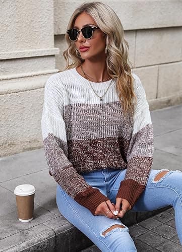 QIANSIQIANBO Women's Striped Color Block Sweater Long Sleeve Crewneck Casual Loose Fit Soft Knit Sweater Pullover Tops thumbnail 4