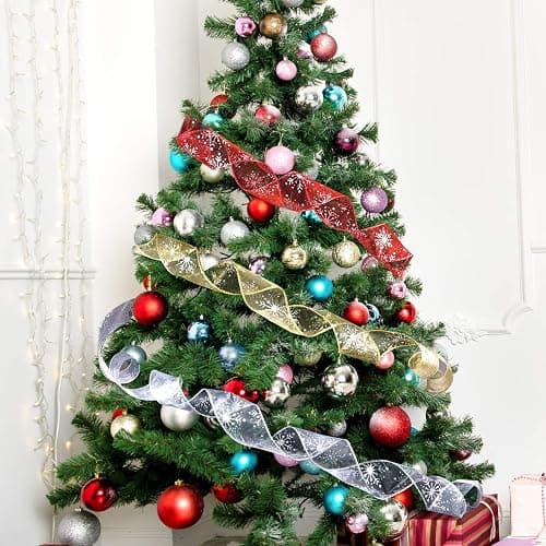 Livder 2.5 Inch Wide Christmas Wired Ribbon Snowflake Organza Sheer Glitter Ribbon for Xmas Tree, Wreath, Party Decoration, Gift Wrapping (Red, 21.9 Yards) thumbnail 2