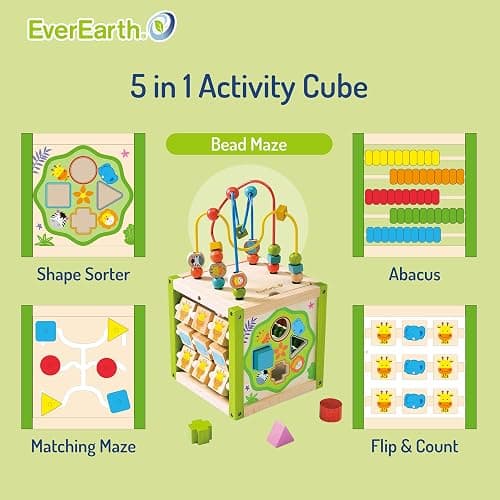 EverEarth Wooden Activity Cube with Bead Maze, 5 in 1 Activity Center, Educational Learning Montessori Toys for Toddlers for Kids 1+, FSC Certified thumbnail 5
