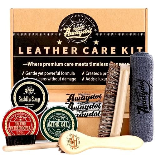 Awaydol 10 PCS Leather Care Kit - Horsehair Brushes,Saddle Soap,Waterproofing Wax,Mink Oil Conditioner,Polishing Cloth,Microfiber cloth,Boot Shoe Shine Cleaning Kit Gift for Men Cowboy Husband Dad ﻿ - Image 1