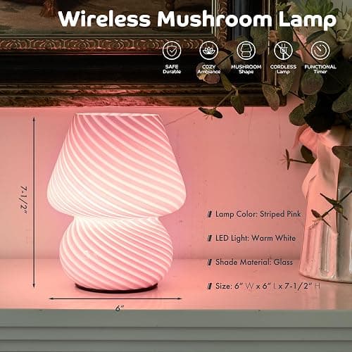ULAROOM Battery Operated Mushroom Lamp-Cute Small Pink Aesthetic Table Lamp with Timer,Cordless Bedside Lamp for Girl Gifts,Glass Decorative Lamp for Bedroom/Entryway/Shelf/Desk Decor/Dorm/Office thumbnail 2