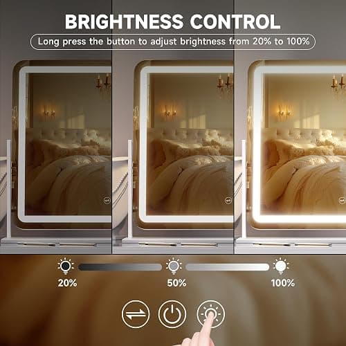 Hasipu Vanity Mirror with Lights, 22" x 18" LED Makeup Mirror, Light up Mirror with Smart Touch 3 Colors Dimmable, Brightness Adjustment, 360° Rotation (White) thumbnail 4