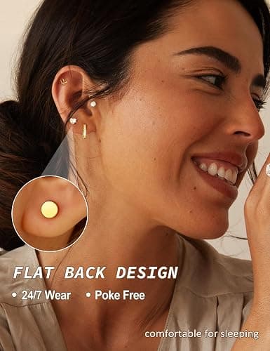 Hypoallergenic Gold Stud Earrings for Women - 14k Gold Plated Surgical Stainless Steel Flat back Earrings Set Small Huggie Hoop Flatback Earring for Sensitive Ears Screw Back Cartilage Piercing Jewelry thumbnail 3