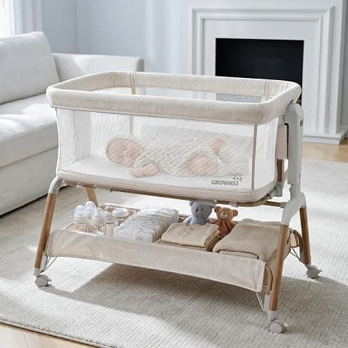 GROWNSY 5-in-1 Baby Bassinet Bedside Sleeper with Gentle Manual Rocking | 6 Adjustable Heights, Full Breathable Mesh, Convertible to Portable Crib, Bassinets with Mattress & Wheels, Beige - Image 1