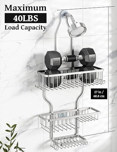 YASONIC Shower Caddy Hanging - Never Rust Shower Organizer - Aluminum Over The Shower Head Caddy with 10 Hooks for Razor/Sponge - Shower Rack with Soap Basket - Silver - Silver thumbnail 4