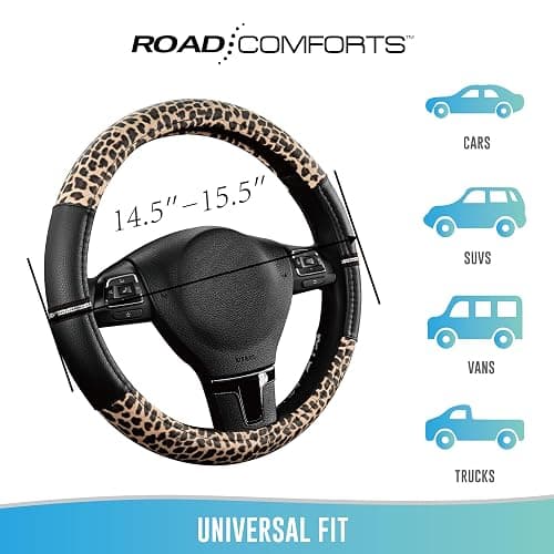 Road Comforts Leopard Steering Wheel Cover - Made with PVC Leather Cheetah Print - Anti-Slip, Universal Fit 14 1/2 inches to 15 inches - Black thumbnail 7