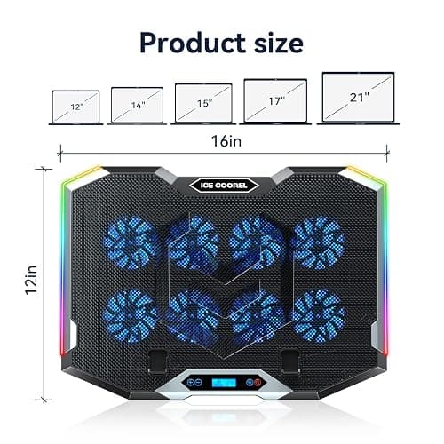 ICE COOREL Gaming Laptop Cooling Pad with 8 Cooling Fans, Laptop Fan Cooler Pad for 15-17.3 Inch, Notebook Cooler Stand with 6 Height Adjustable, RGB Cooling Pad with Two USB Port + Phone Stand thumbnail 7