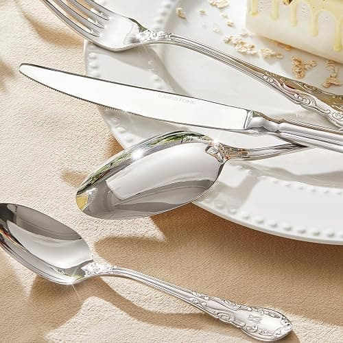 KINGSTONE Vintage Silverware Set, 40-Piece 18/10 Stainless Steel Retro Royal Flatware Cutlery Set for 8 with Carved Thick Handles, Tableware Utensils for Home,Party,Restaurant,Wedding,Dishwasher Safe thumbnail 9