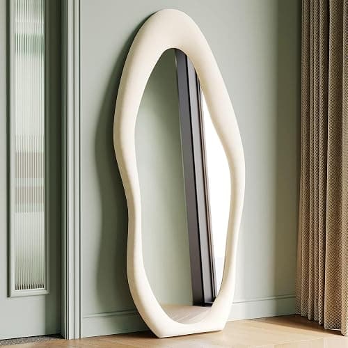 Honyee Full Length Mirror, 63" x 24" Wall Mirror, Flannel Wrapped Wooden Frame Full Body Mirror, Irregular Wavy Mirror Hanging or Leaning Against Wall for Cloakroom/Bedroom/Living Room, Ivory White - Image 1
