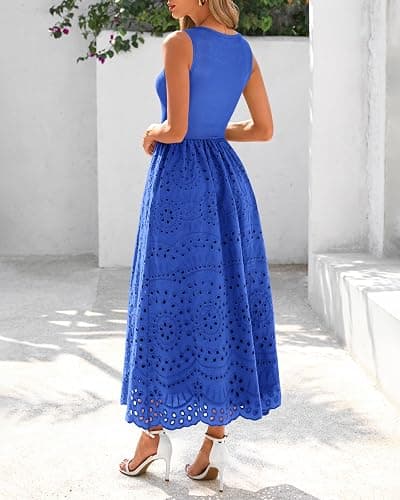 dowerme Women Sleeveless Lace Eyelet Cotton Tank Maxi Dress | Summer Casual Crewneck A-Line Dresses 2026,Fall Knit And Woven Boho Sundress with Pockets,Cute Wedding Beach Vacation Clothes thumbnail 5