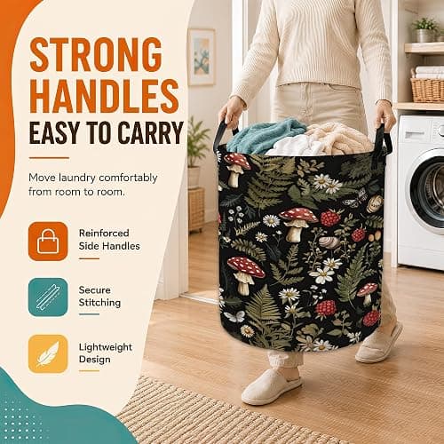 Mushrooms Laundry Basket with Handles,Herbs Berries Butterfly Foldable Oxford Laundry Hamper,Collapsible Clothes Storage Basket for Laundry Room/Bathroom/Bedroom/Dormitories 20.8 x 16 Inches thumbnail 5