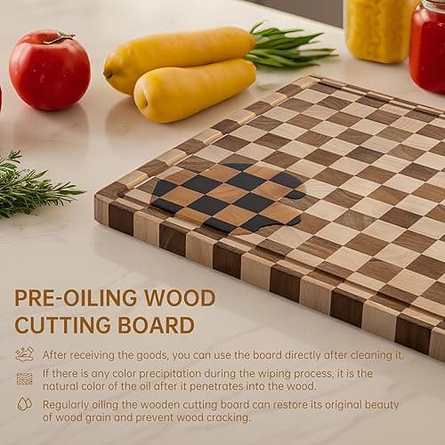 THETCHRY Cutting Boards for Kitchen, Checkered Cutting Board Upgraded, Acacia Wood Chopping Board with Juice Grooves & Handles, Large Butcher Block Serving Tray with Gift Box, 16.5" x 11.6" x 0.8" - Acaia Wood & Rubber Wood - 16.5"L x 11.6"W thumbnail 9