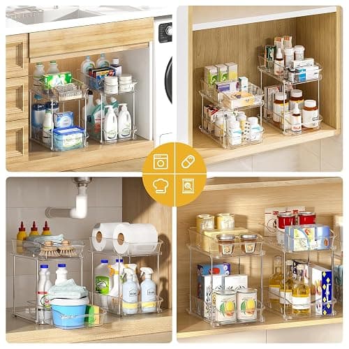 Delamu Bathroom Under Sink Organizers and Storage, 2 Pack, Clear | 2-Tier Multi-Purpose, Stackable, Pull Out Cabinet Kitchen Pantry Organization and Storage with Dividers thumbnail 5