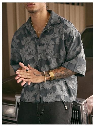 BEAUDRM Men's Floral Button Down Crop Shirt Half Sleeve Collared Cropped Top Streetwear 70s Hippie Shirts thumbnail 3