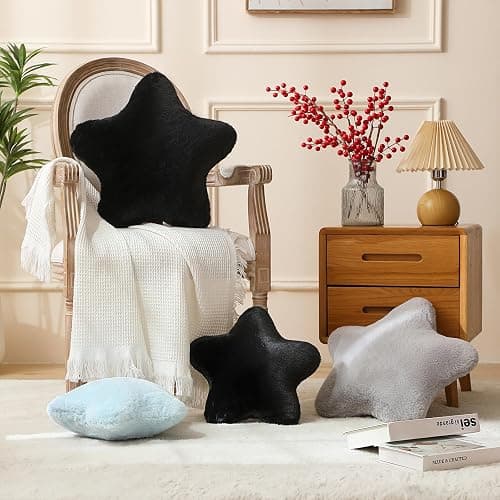 YRXRUS Star Pillows, Black Star Shaped Pillow, Decorative Throw Pillow Gifts, Cute Plush Room Decor, Fluffy Faux Rabbit Fur 14"x14"Pillows for Living Bedroom thumbnail 2