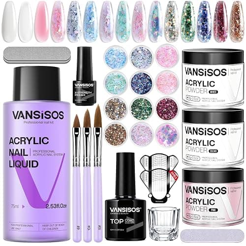 VANSISOS Acrylic Nail Kit for Beginners:Nails Kit Acrylic Set with 3PC Acrylic Powder 75ml Acrylic Liquid Set with Glitter Powder Top Coat Nail Tools Perfect Acrylic Nail Kit for DIY Nail Art at Home - Image 1