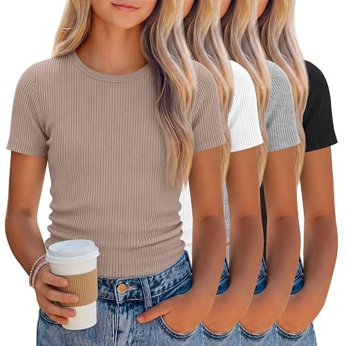 YooAurvox 4 Pack Girl's Basic Ribbed Tees Tops | Girl's, Basic, Ribbed, Tween, Teens, Summer, Cap Sleeve, Slim Fit, Cute, Casual, Daily Wear - Image 1