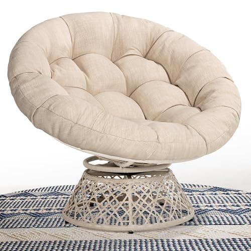 Bme 40" Ergonomic Wicker Papasan Chair with Soft Thick Density Fabric Cushion, High Capacity Steel Frame, 360 Degree Swivel for Living, Bedroom, Reading Room, Lounge - Sephia Sand - White Base - Upgrade Cushion - Classic 40" - Image 1