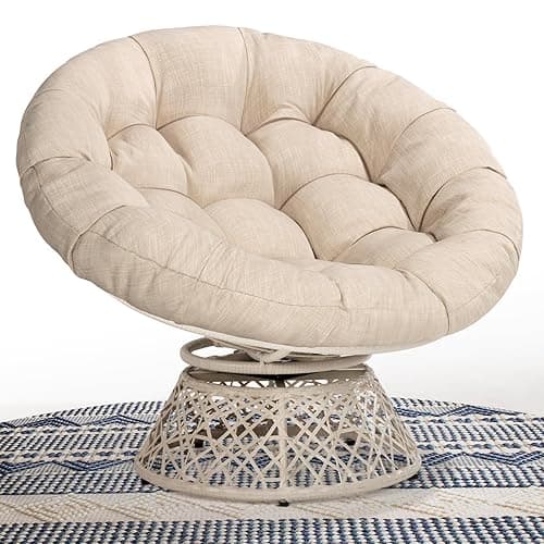 Bme 40" Ergonomic Wicker Papasan Chair with Soft Thick Density Fabric Cushion, High Capacity Steel Frame, 360 Degree Swivel for Living, Bedroom, Reading Room, Lounge - Upgrade Cushion - Classic 40" - Sephia Sand - White Base