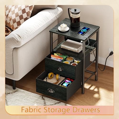 Furologee Nightstand with Charging Station, Black Night Stand with 2 Fabric Drawers, Side Table with USB Ports, End Table with Storage Shelf, for Living Room/Bedroom, Black Oak thumbnail 4