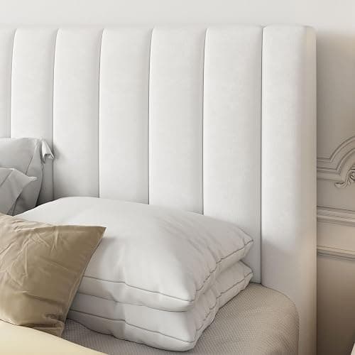 Allewie Queen Bed Frame/Velvet Upholstered Bed Frame with Vertical Channel Tufted Headboard/Strong Wooden Slats/Platform Bed Frame/Mattress Foundation/Box Spring Optional/Easy Assembly/White thumbnail 4
