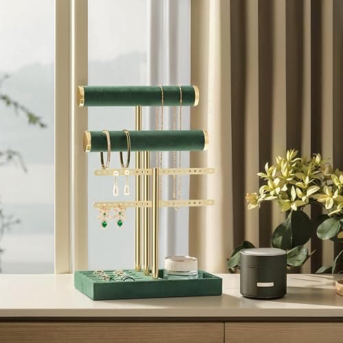 bussdis 3 Tier Bracelet Holder Display - Detachable T Bar Dark Green Velvet Bracelet Holder, Jewelry Holder Organizer for Bracelet, Necklace, Earrings, Rings thumbnail 6