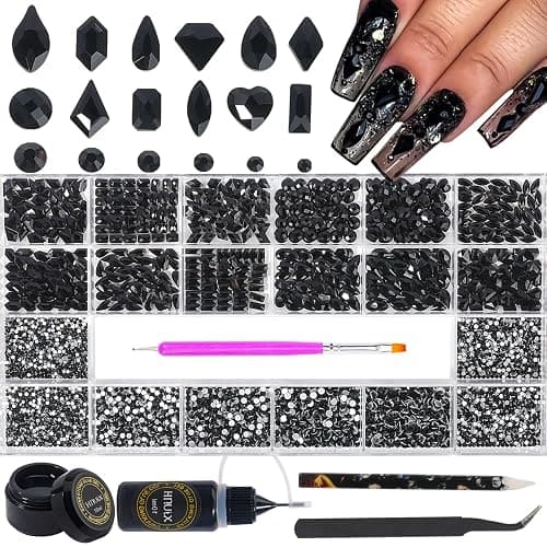 HNUIX Nail Rhinestones - 4550pcs Crystals Black, Multiple Shape Gems, Flatback Rhinestones, with Kit and Glue Gel, for Nail Art - Image 1