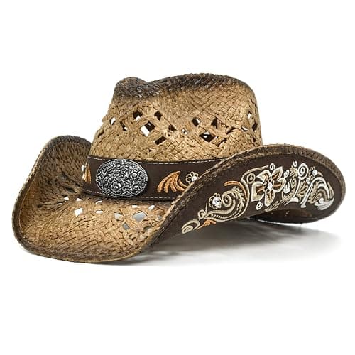 FLUFFY SENSE. Cowboy Hats for Women and Men Straw Western Hat Embroidered Cowboy Hat for Cowboys and Cowgirls - Image 1