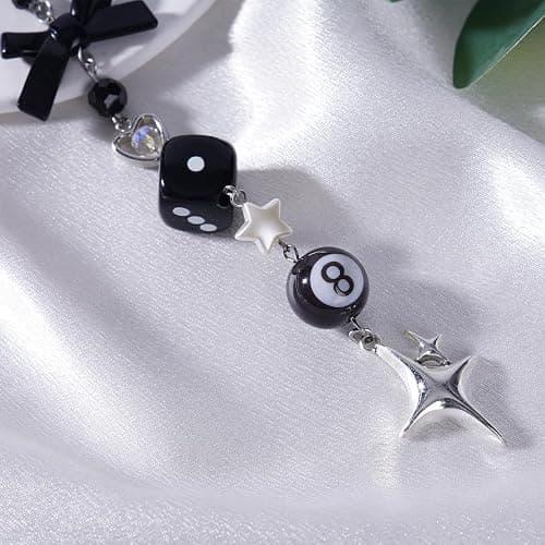 LuneClat Black Bow Car Mirror Chain Y2k 8 Ball Star Beaded Hanging Charm | Y2k Aesthetic Hanging Charm With 8 Ball And Star Pendant. Beaded Car Rearview Mirror Chain. Cute Car Interior Decor thumbnail 5