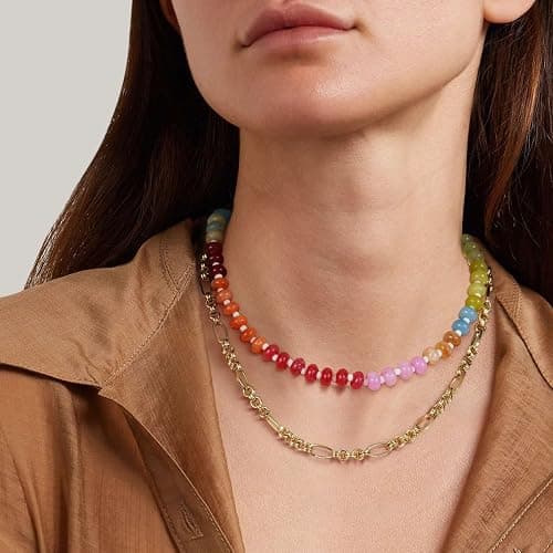 KissYan Beaded Gemstone Necklace for Women, Colorful Boho Bead Choker Natural Stone Surfer Beach Necklaces 14K Gold Plated Summer Handmade Jewelry thumbnail 6