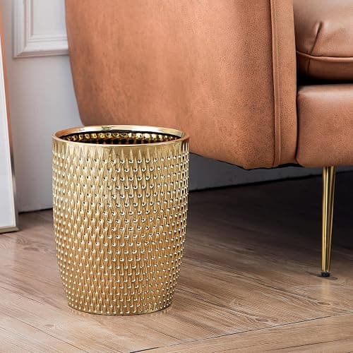 Modern Golden Small Trash Can Wastebasket, Garbage Container Bin for Bathrooms, Powder Rooms, Kitchens, Home Offices - Durable Ceramics - Round thumbnail 3