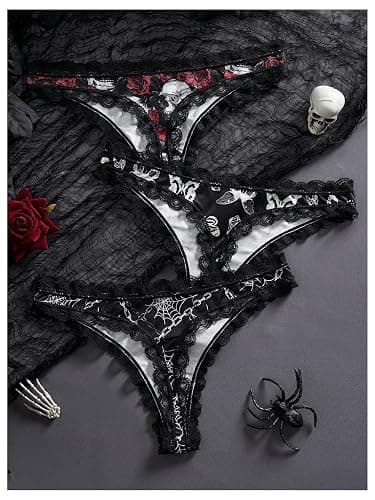 SOLY HUX Women's Gothic Lace Trim Thongs 3 Packs Funny Printed Panties Sexy Underwear thumbnail 2
