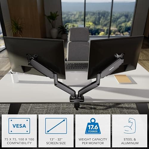Mount-It! Dual Monitor Desk Mount – Full Motion Gas Spring Arms, Fits 13 to 32 Inch Screens, Holds 17.6 lbs per Arm, Dual Monitor Stand, VESA Mount, C-Clamp & Grommet Base thumbnail 3