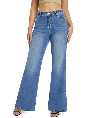 QICAMO High Waisted Wide Leg Flared Jeans for Women, Stretchy Loose Bell Bottom Jean with 5-Pocket thumbnail 3