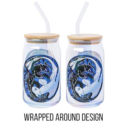 Silver Buffalo How to Train Your Dragon Ying and Yang Featuring Toothless and Light Fury Glass Jar Tumbler with Bamboo Lid and Glass Straw, 16 Ounces thumbnail 5