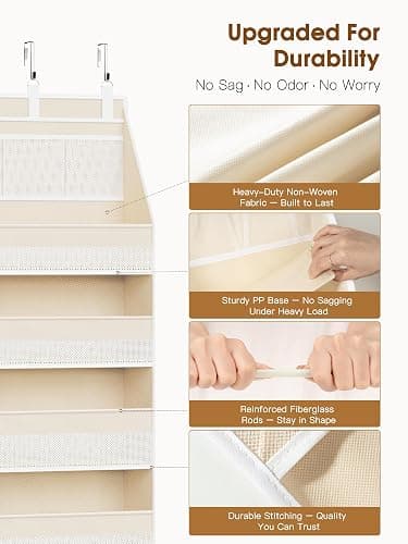 Criusia Over the Door Organizer, 6-Shelf Closet Hanging Storage with 13 Mesh Pockets, 55lbs Capacity Behind the Door Storage for Baby Nursery, Bathroom, Bedroom, and Dorm, Beige thumbnail 4