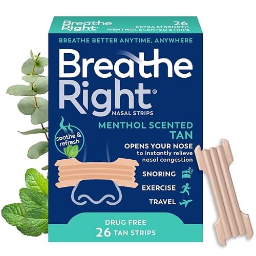 Breathe Right Extra Strength Nasal Strips, Menthol Scented, Drug Free, Less Snoring & Better Breathing from Nasal Congestion, Tan, 26 Count - Image 1