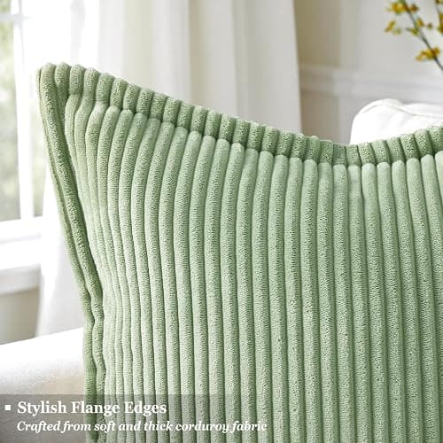 decorUhome Corduroy Sage Green Throw Pillow Covers 18x18 Set of 2 Decorative Soft Boho Farmhouse Euro Couch Pillow Covers for Living Room Bed Sofa Broadside Striped Pillow Cases thumbnail 2