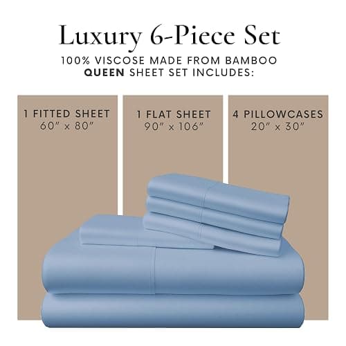 Bamboo Bay 6 Piece Queen Size Sheet Set, 100% Viscose Made from Bamboo, Breathable, Ultra Soft Cooling Bed Sheets for Hot Sleepers, Beddings with Deep Pockets Fit 16" Mattress, Light Blue thumbnail 5