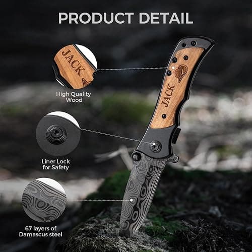 Manual Folding Pocket Knife for Men, Custom Engraved Wood Handle Gift | Laser wave-pattern blade, wood handle, manual folding 6.1in EDC; gift for dad husband son groomsmen birthday thumbnail 5