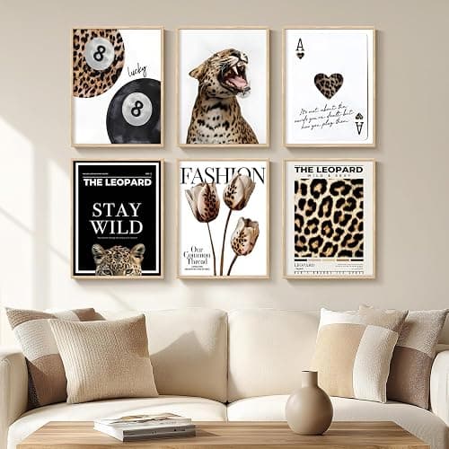 6Pcs Trendy Leopard Wall Art Cheetah Posters Lucky 8 Ball Canvas Pint | Retro Spades Poker Picture Wall Decor Fashion Leopard Flowers Print for Preppy Girls Bedroom Apartment Dorm 8x10in Unframed thumbnail 2