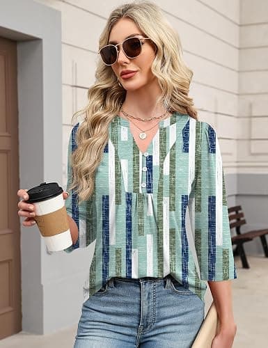 IECCP 3/4 Length Sleeve Womens Tops Dressy Casual Henley V-Neck Summer Tops | Business Casual Outfits,Cute Pleated T-Shirts,Loose Fit Tunics,Soft Lightweight Basic Tees,Work Blouses,2026 Fashion Clothes thumbnail 4