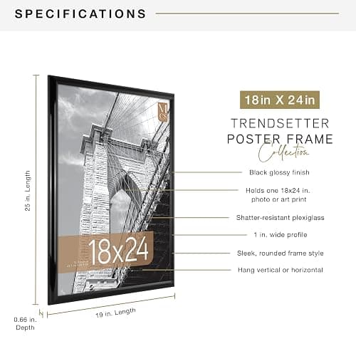 MCS Trendsetter 18x24 Poster Frame Black High-Gloss, Vertical & Horizontal Wall Hanging Large Picture Frame for Photos, Posters & Art Prints (1-Pack) thumbnail 2