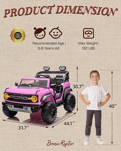 First Ride On 24V Ride on Toys for Big Kids, Licensed Ford Bronco Raptor 2 Seater Ride on Cars with Remote Control, Ride on Truck w/ 4-Wheeler Suspension, 3 Speeds, Led Lights, Bluetooth (24V, Pink) | First Ride On, 24V, for Big Kids, 2 Seater, with Remote Control thumbnail 2