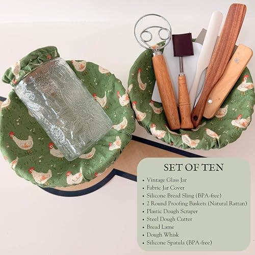 Chicken 10 Piece Sourdough Kit | Vintage Jar | Bannetons Proofing | Custom Cute Jar and Cover | Dough Whisk | Wood Dough Scraper Cutter | Bread Lame | Silicone Spatula thumbnail 3