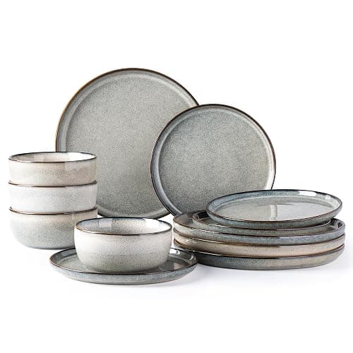 GBHOME Ceramic Dinnerware Sets for 4, 12 Pieces Stoneware Plates and Bowls Sets, Reactive Glaze Dishes -Scratch Resistant, Dishwasher&Microwave Safe, Green Wheat - Image 1