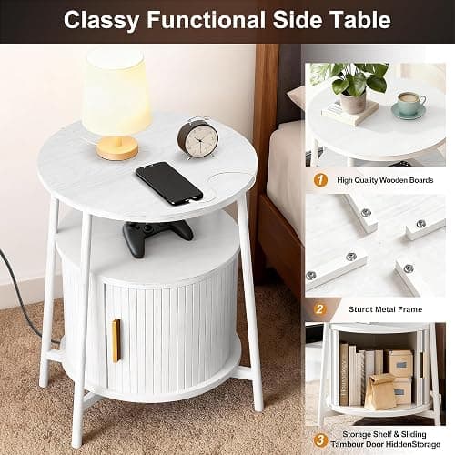DHH Round End Tables with Charging Station, Fluted Accent Side Table with Sliding Door, Mid-Century Modern Nightstand for Small Space Storage, Living Room, Bedroom,Sofa Couch(1, White) thumbnail 6