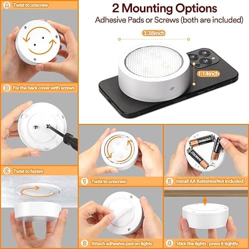 TECOMLIGHT Puck Lights with Remote Control, Battery Powered Wireless LED Under Cabinet Lighting, RGBCW Stick On Push Lights 6 Pack - White thumbnail 7